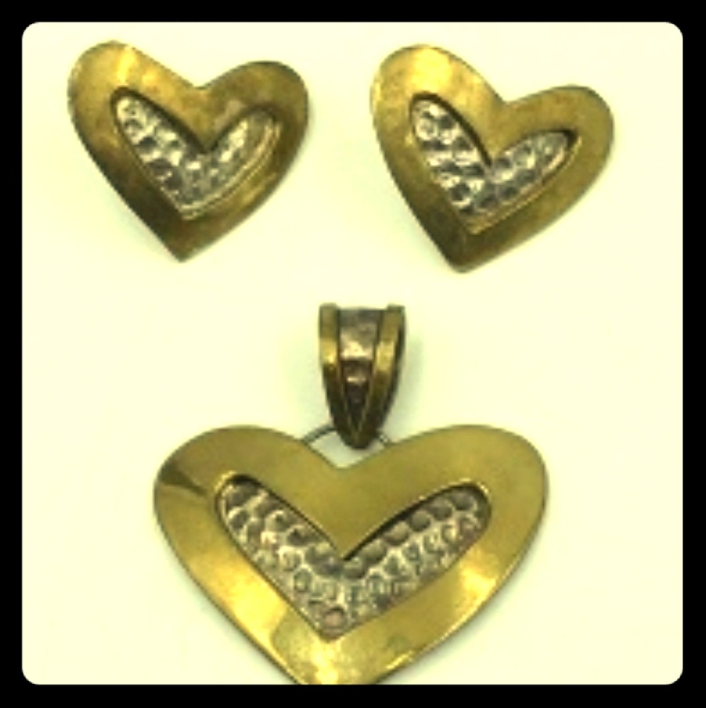 Brass & Mexico Silver Heart Earrings & Pendant